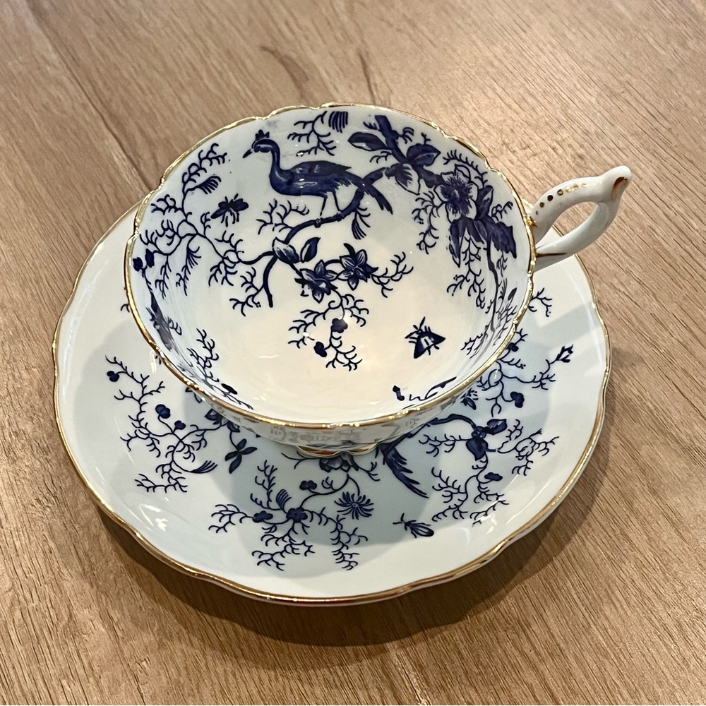 Vtg 1950s Coalport England Cairo Blue White Birds Bone China Teacup Cup & Saucer